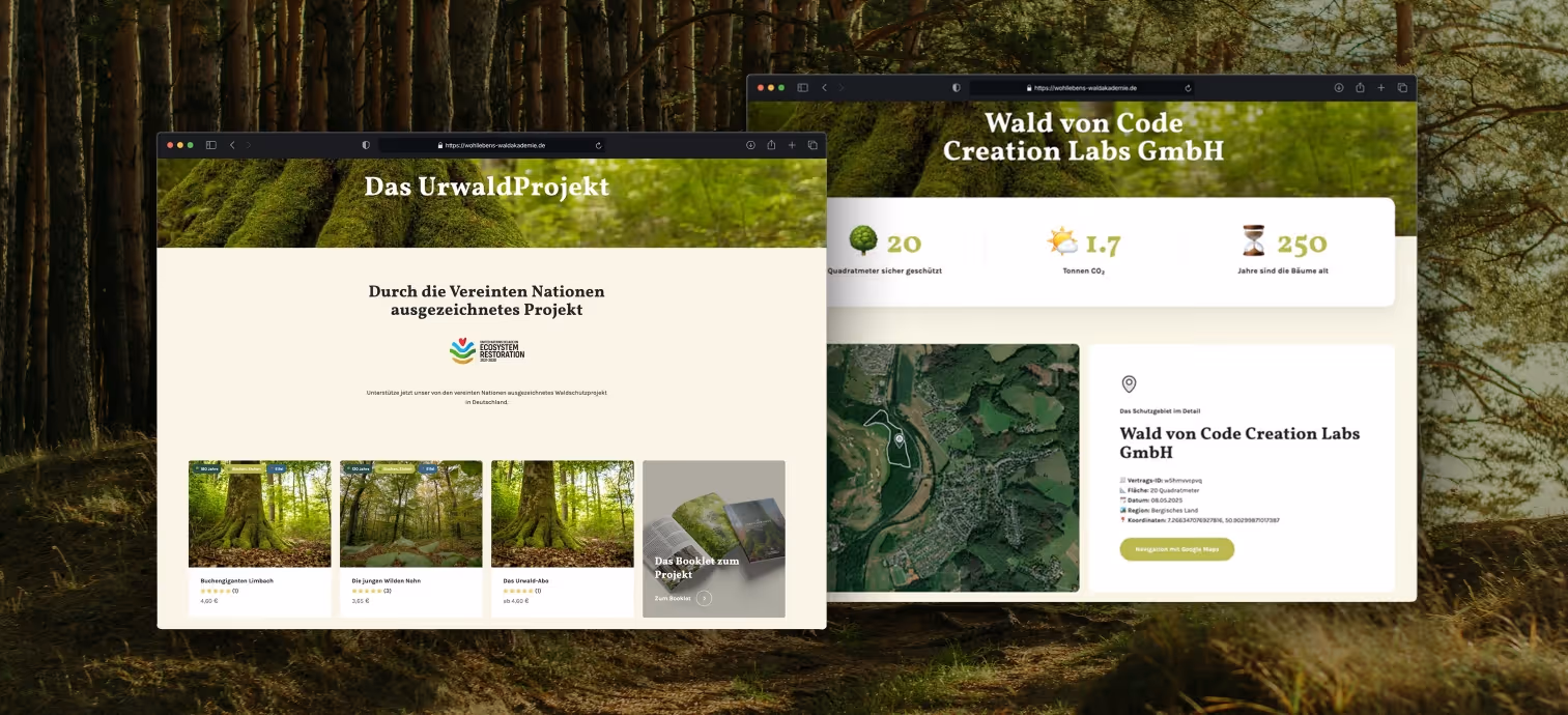 Zwei geöffnete Webseitenvorlagen zeigen ein Projekt namens Das UrwaldProjekt mit Waldschutzprodukten und eine Karte mit Details zum Wald von Code Creation Labs GmbH.